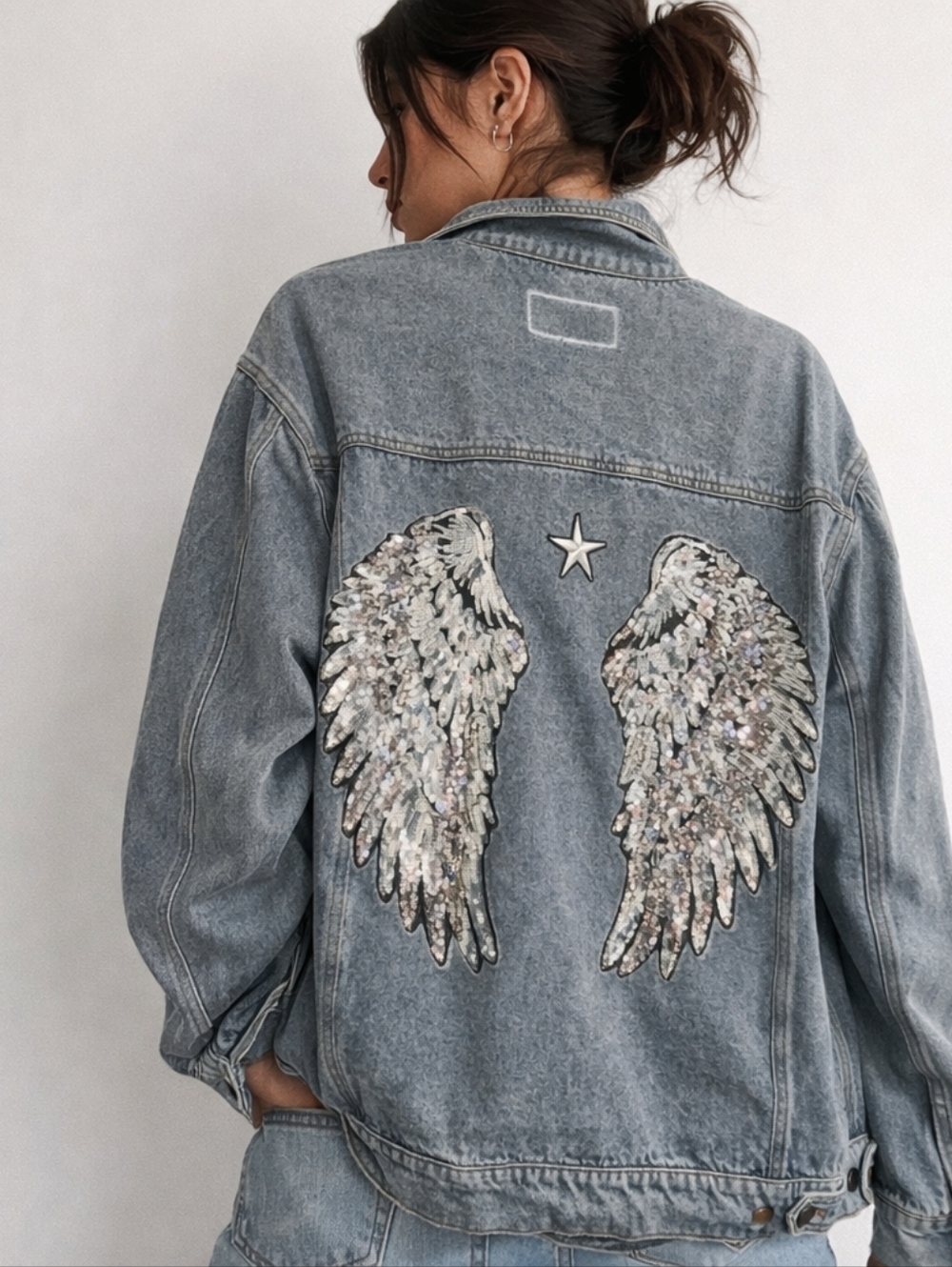 Sequin Angel Wing Denim Jacket - Gray